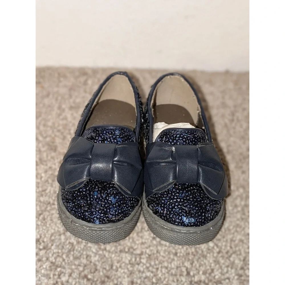 Joyfolie Baby Girls Navy Blue Sequin‎ Bow Slip On Flats Shoes Size 4 NEW
